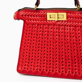 Tan Woven Leather Top Handle Handbag with Gold Lock