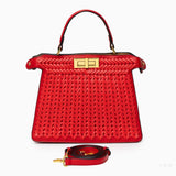 Tan Woven Leather Top Handle Handbag with Gold Lock