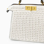 Tan Woven Leather Top Handle Handbag with Gold Lock