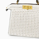 Tan Woven Leather Top Handle Handbag with Gold Lock