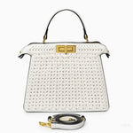 Tan Woven Leather Top Handle Handbag with Gold Lock