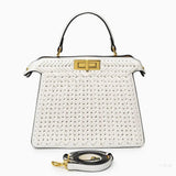 Tan Woven Leather Top Handle Handbag with Gold Lock