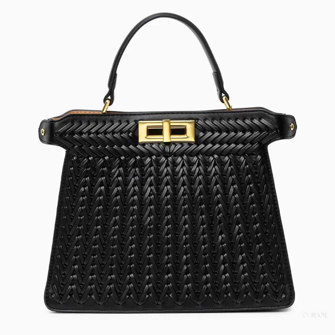 Tan Woven Leather Top Handle Handbag with Gold Lock