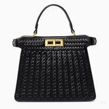 Tan Woven Leather Top Handle Handbag with Gold Lock