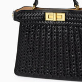 Tan Woven Leather Top Handle Handbag with Gold Lock