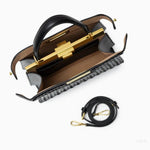 Tan Woven Leather Top Handle Handbag with Gold Lock
