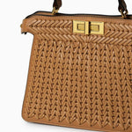 Tan Woven Leather Top Handle Handbag with Gold Lock