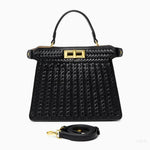 Tan Woven Leather Top Handle Handbag with Gold Lock