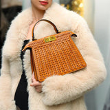 Tan Woven Leather Top Handle Handbag with Gold Lock