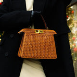 Tan Woven Leather Top Handle Handbag with Gold Lock