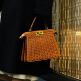 Tan Woven Leather Top Handle Handbag with Gold Lock