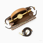 Tan Woven Leather Top Handle Handbag with Gold Lock