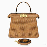 Tan Woven Leather Top Handle Handbag with Gold Lock