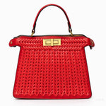 Tan Woven Leather Top Handle Handbag with Gold Lock