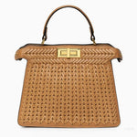 Tan Woven Leather Top Handle Handbag with Gold Lock