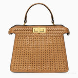 Tan Woven Leather Top Handle Handbag with Gold Lock