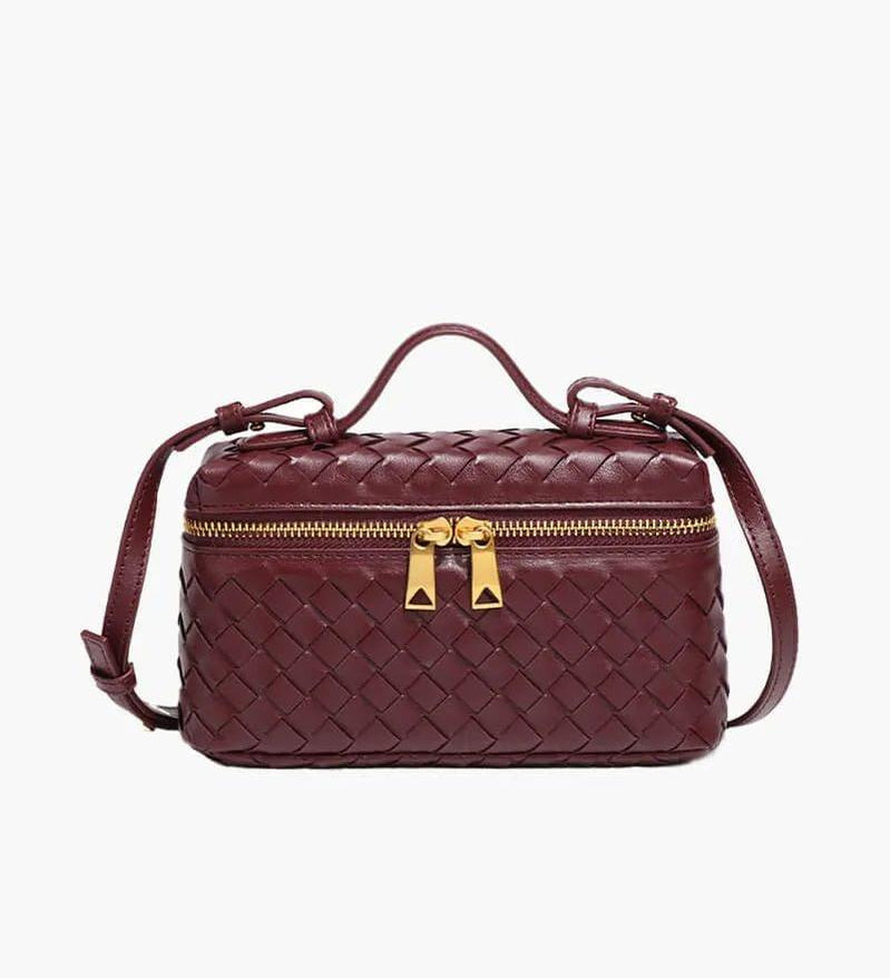Woven Leather Box Bag – Compact Double-Zip Shoulder & Crossbody Bag