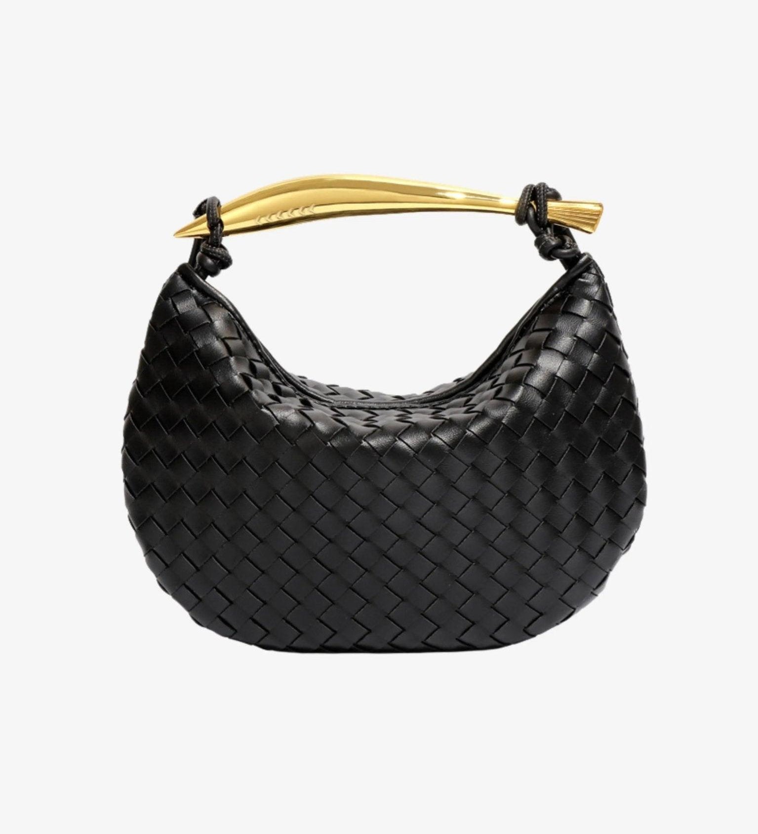 Woven Leather Hobo Bag with Gold Sculptural Handle