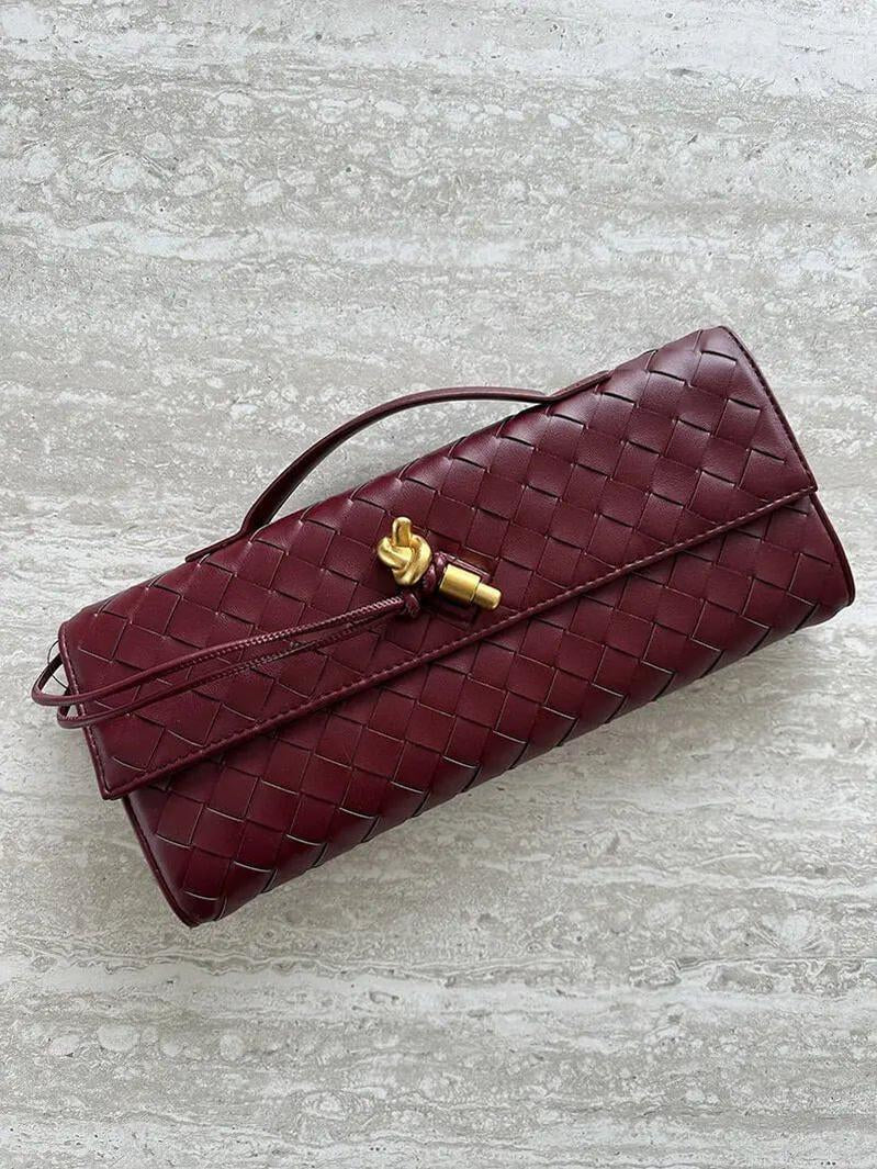 Woven Shoulder Handbag with Gold Lock Detail
