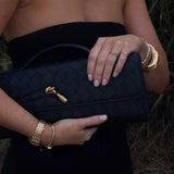 Woven Shoulder Handbag with Gold Lock Detail