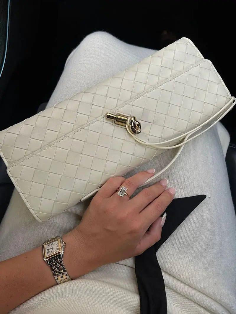 Woven Shoulder Handbag with Gold Lock Detail
