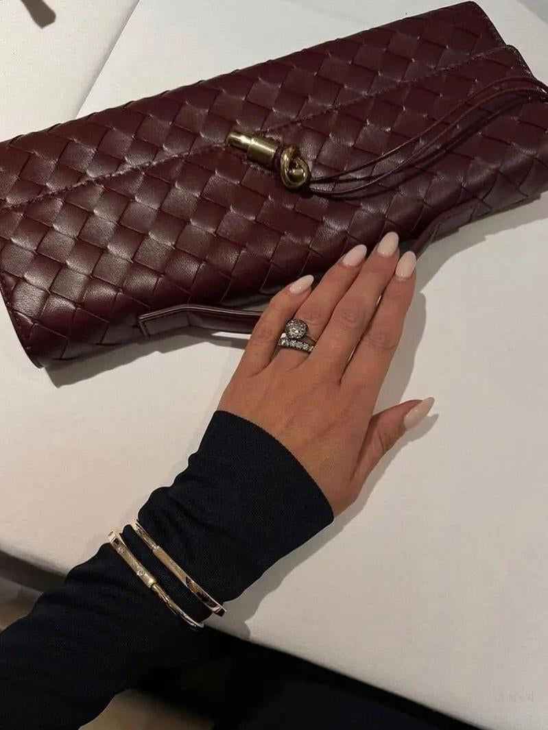 Woven Shoulder Handbag with Gold Lock Detail