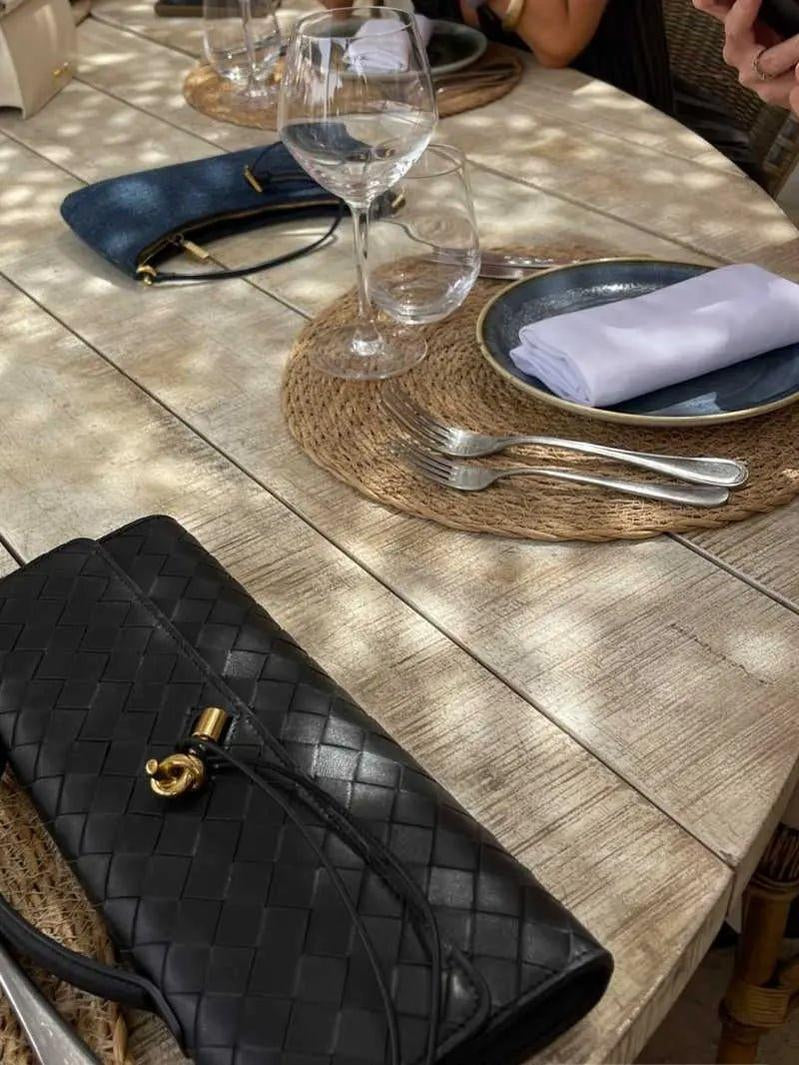 Woven Shoulder Handbag with Gold Lock Detail