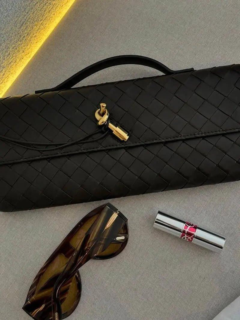 Woven Shoulder Handbag with Gold Lock Detail