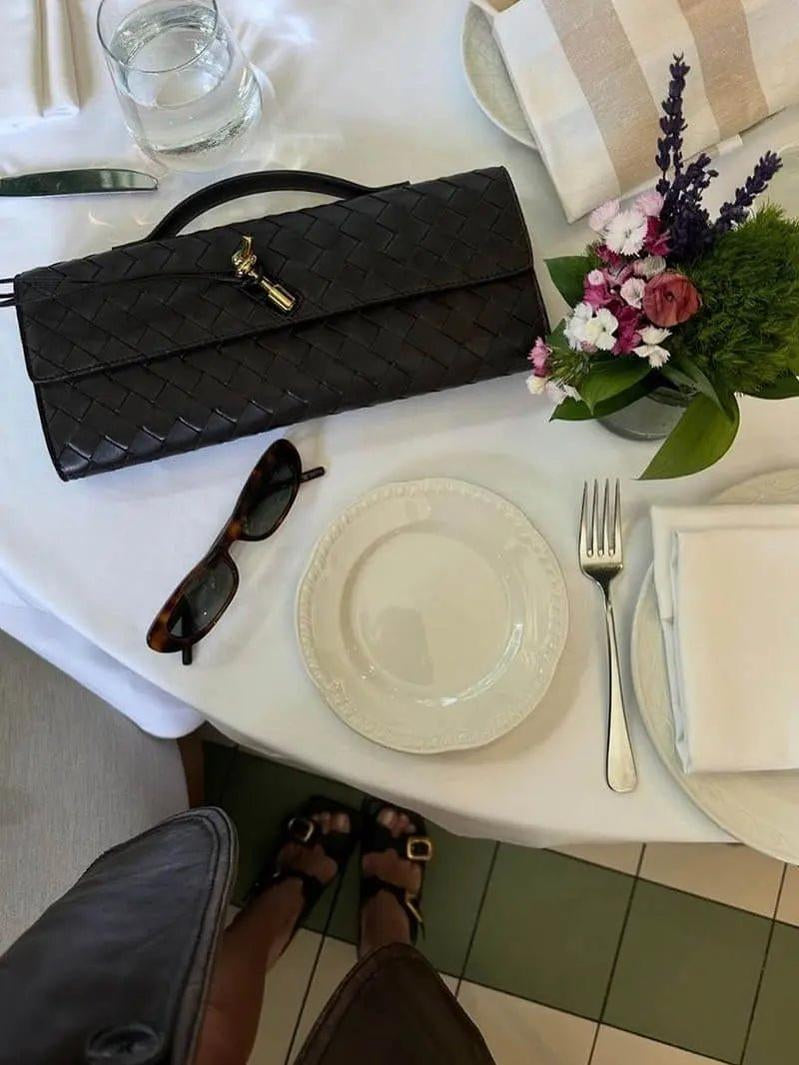 Woven Shoulder Handbag with Gold Lock Detail