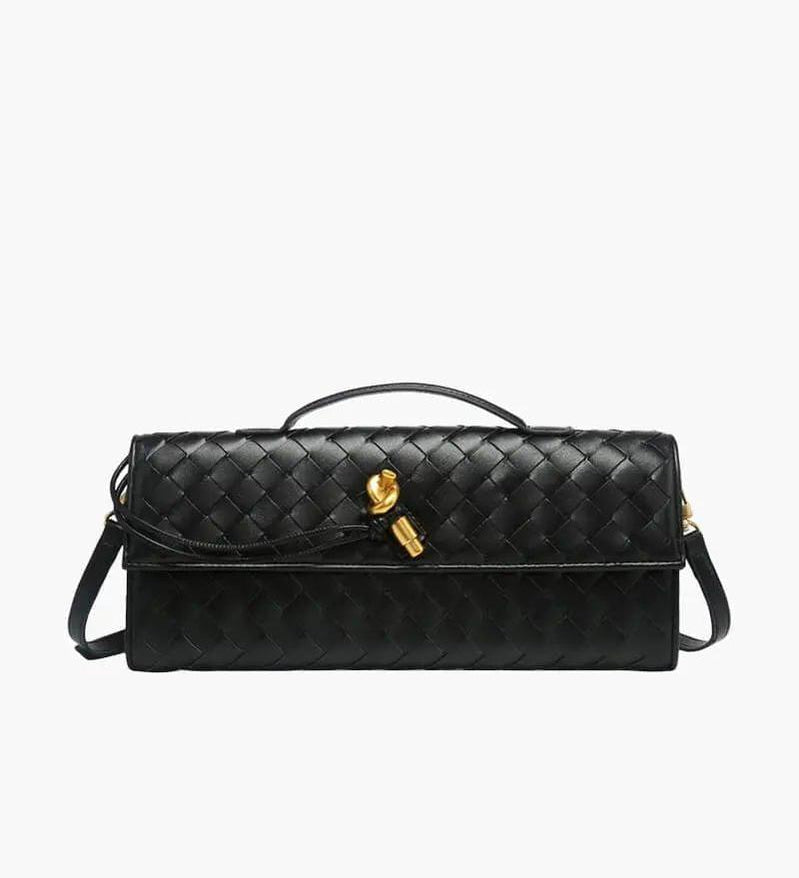 Woven Shoulder Handbag with Gold Lock Detail