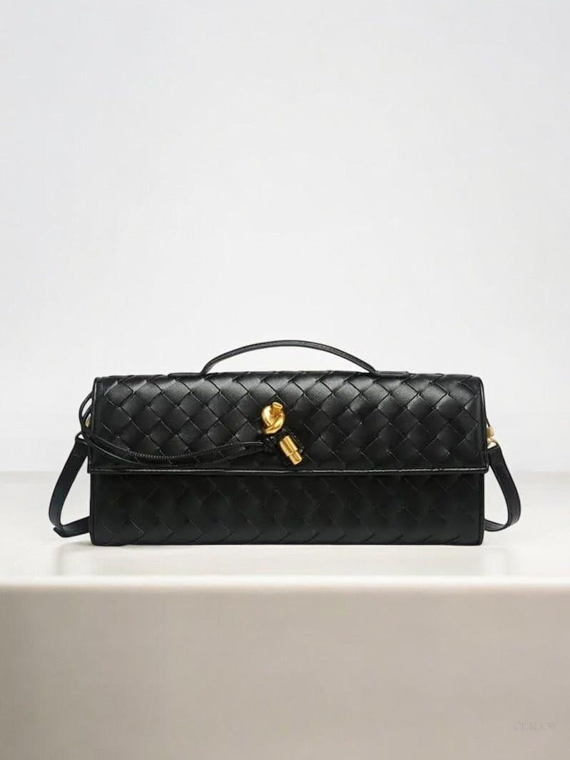 Woven Shoulder Handbag with Gold Lock Detail